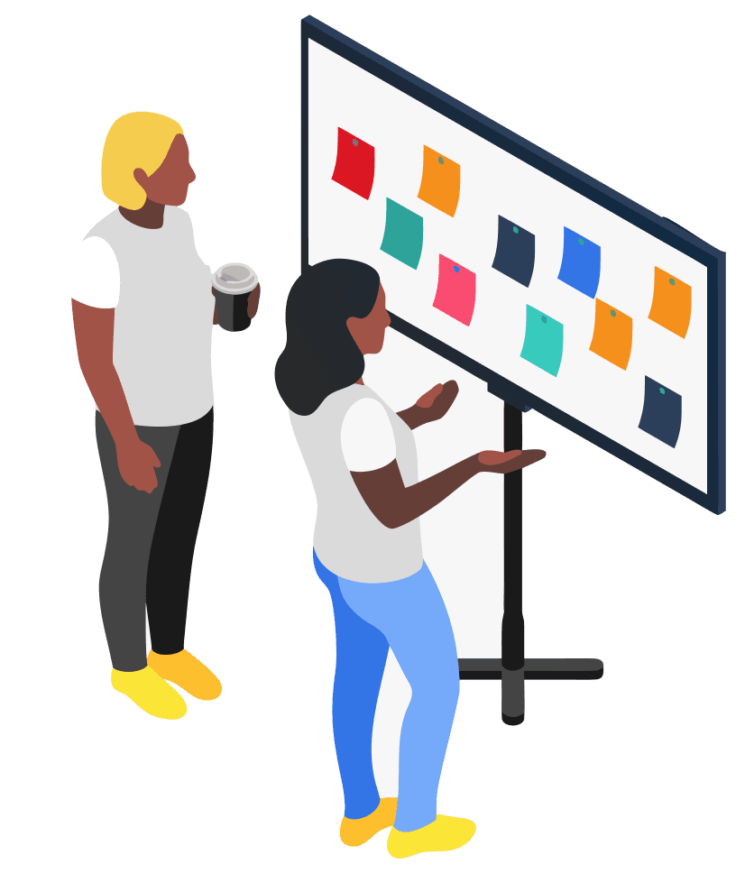 Two people reviewing colorful notes on a presentation board