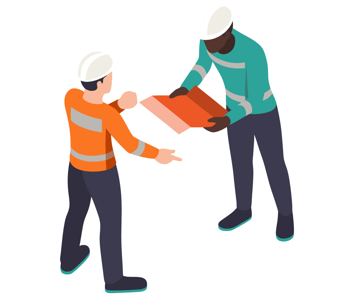 Two construction workers handing off a folder on site